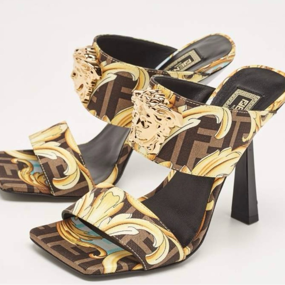Fendi X Versace Fendace Gold Baroque Mules retail $1,175 38.5